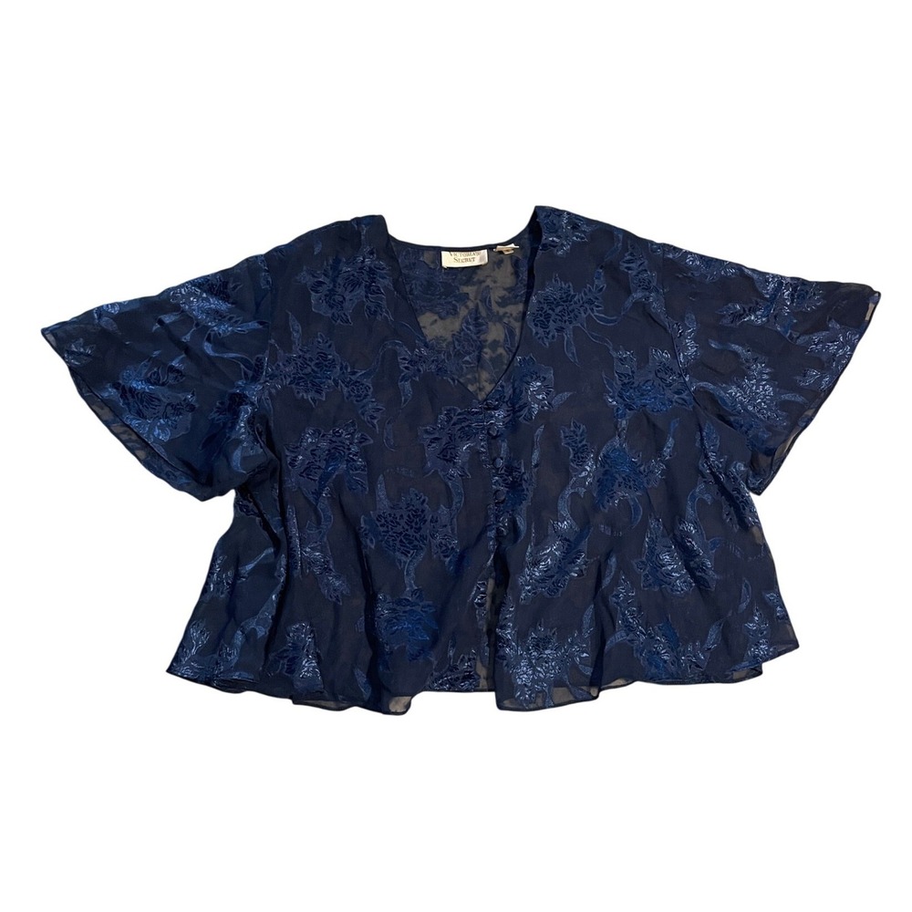 Vintage Victoria's Secret Navy Blue Floral Burnout Sheer Button Front Top Large